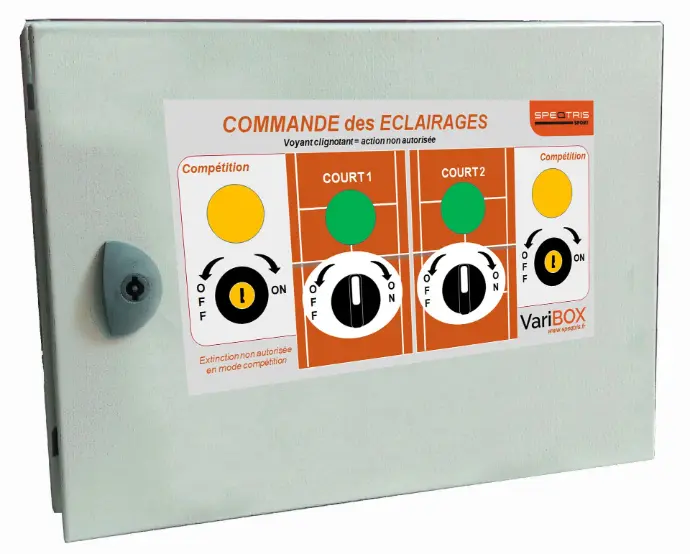 Coffret de gestion d’éclairage sportif VariBOX de Speqtris pour terrains de tennis – contrôle intelligent et écoénergétique