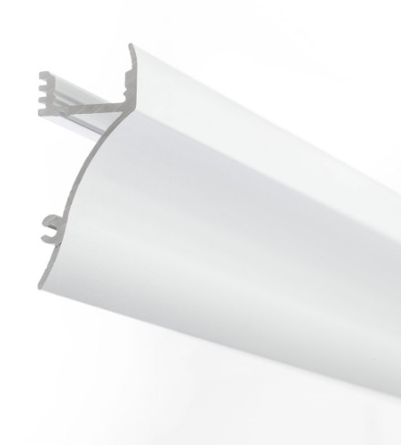Profilé en aluminium extrudé et anodisé, avec fixation murale et éclairage indirect, pour l'installation et le refroidissement de rubans LED flexibles, longueur 2 mètres. Peinture électrostatique blanche mate, finition sablée