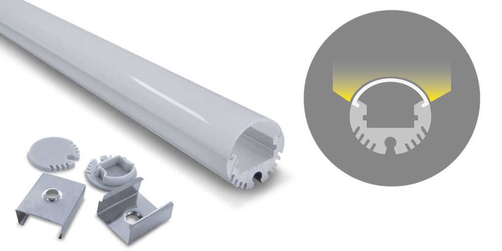 Profilé aluminium rond, 2000mm, diffuseur opale, pour ruban 10-12mm