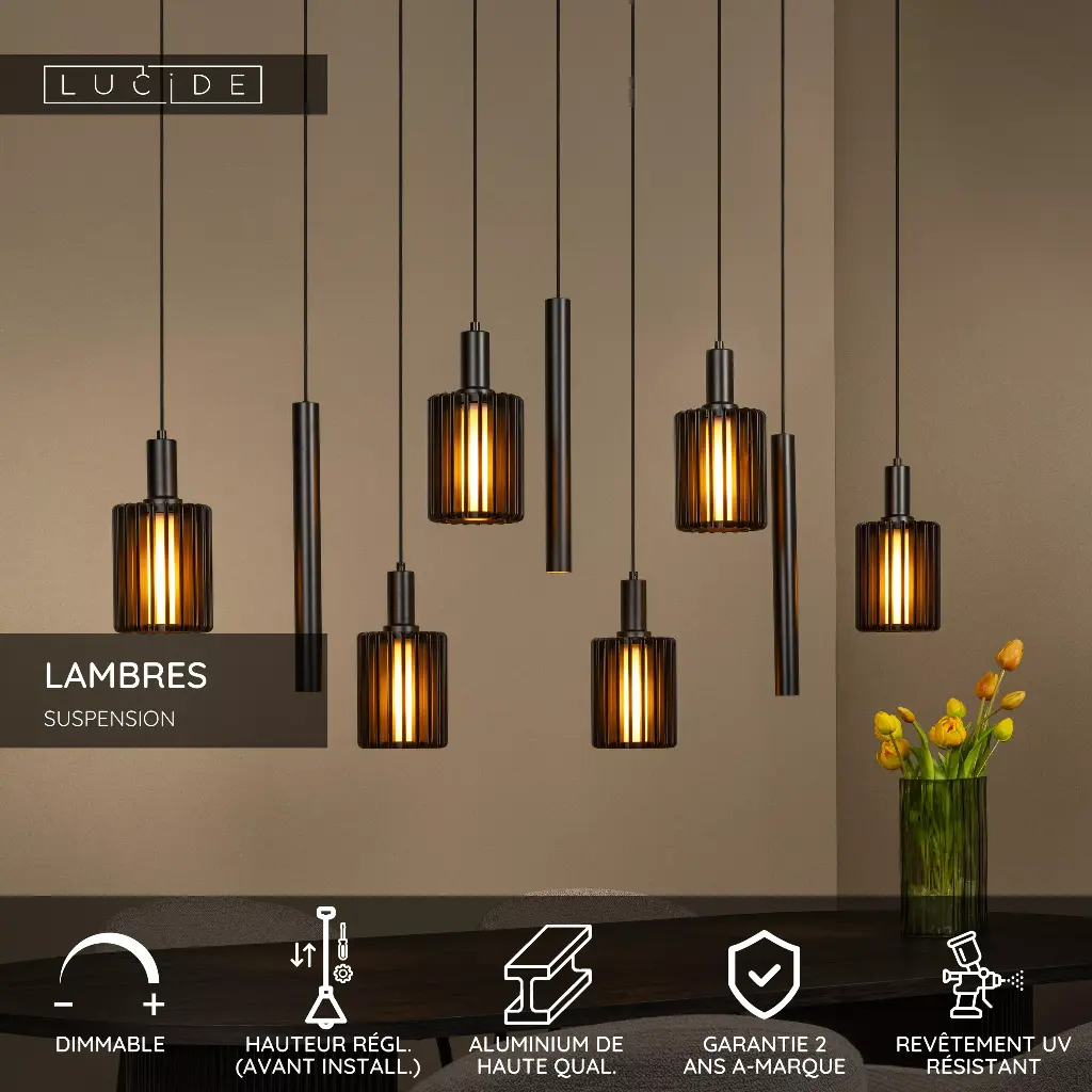 LAMBRES Suspension-Noir-6xE27-40W-Alumin.