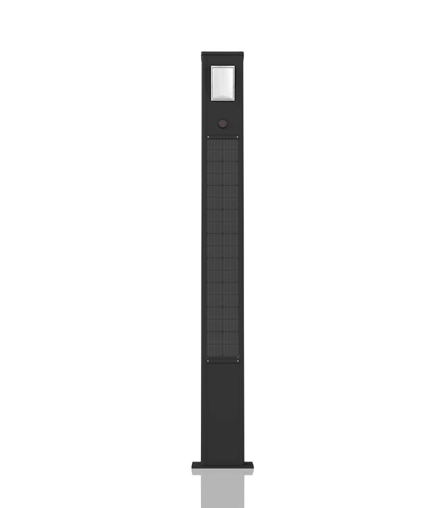 [TOTEM_+3K 2700K]  Colone lumineuse en aluminium anodisé RAL 9017 / Simple feu / Hauteur de feu 2,7 m / restistance cyclonique / entraxe 300x300 / Module solaire Monocristallin Technologie TOP CON : 115 Wc /  Batterie LIFEPO4 : 346 Wh / Système intelligent de gestion D4I / Nœud Zhagha D4I de gestion à Distance / Decteur de présence Zhaga D4I en option fixation sous le luminaire 