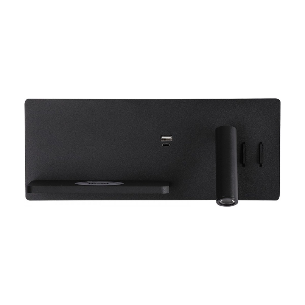 WALL LED READING LIGHT 3W + 6W UP LIGHT 3000K BLACK USB & WIRELESS CHARGERS