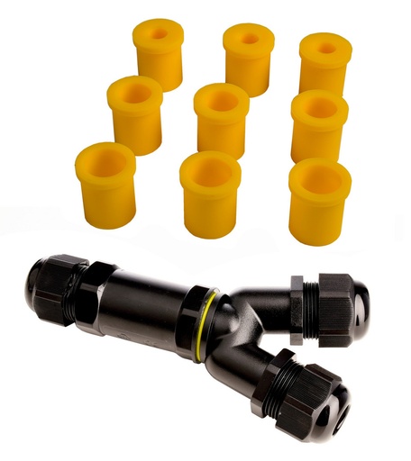 [W4L009842] OutdoorMultiY-Connectorfor3Cable4-14mm,3CableCores0.5-4mm²,max.450VAC/24A,PA66GFUL90,black,Length:139,71mm,IP68/max.2m