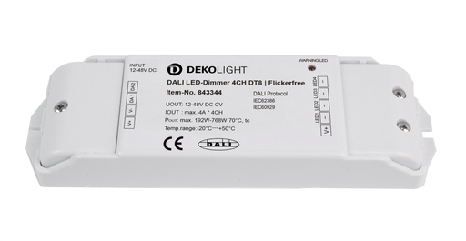 [W4L490100] Deko-Light, Low-voltage DALI dimmer (CV, DC), DALI 2 PWM dimmer CV 4CH 12-48V, 4A/CH, DT8, Constant voltage, Dimmable: Yes, DALI 1.0 / DT8, DALI 2.0 / DT8, Rated Input Voltage: 12-48 V/DC, Output Voltage: 12-48 V/DC, IP 20