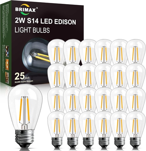 [W4L046204] Ampoule LED E27 2W Equivalent à Lampe 20W, Lumière Blanc Chaud 2700K Ampoule E27 Standard Culot S14, 200Lm Angle de Faisceau de 360 Lot de 25