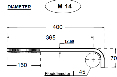 [W4L064850] Ancrage L M14*400*70/150 - électro-zingué - Comprend 2 écrou DIN934 M14 ELVZ et 2 rondel DIN125 M14 ELVZ